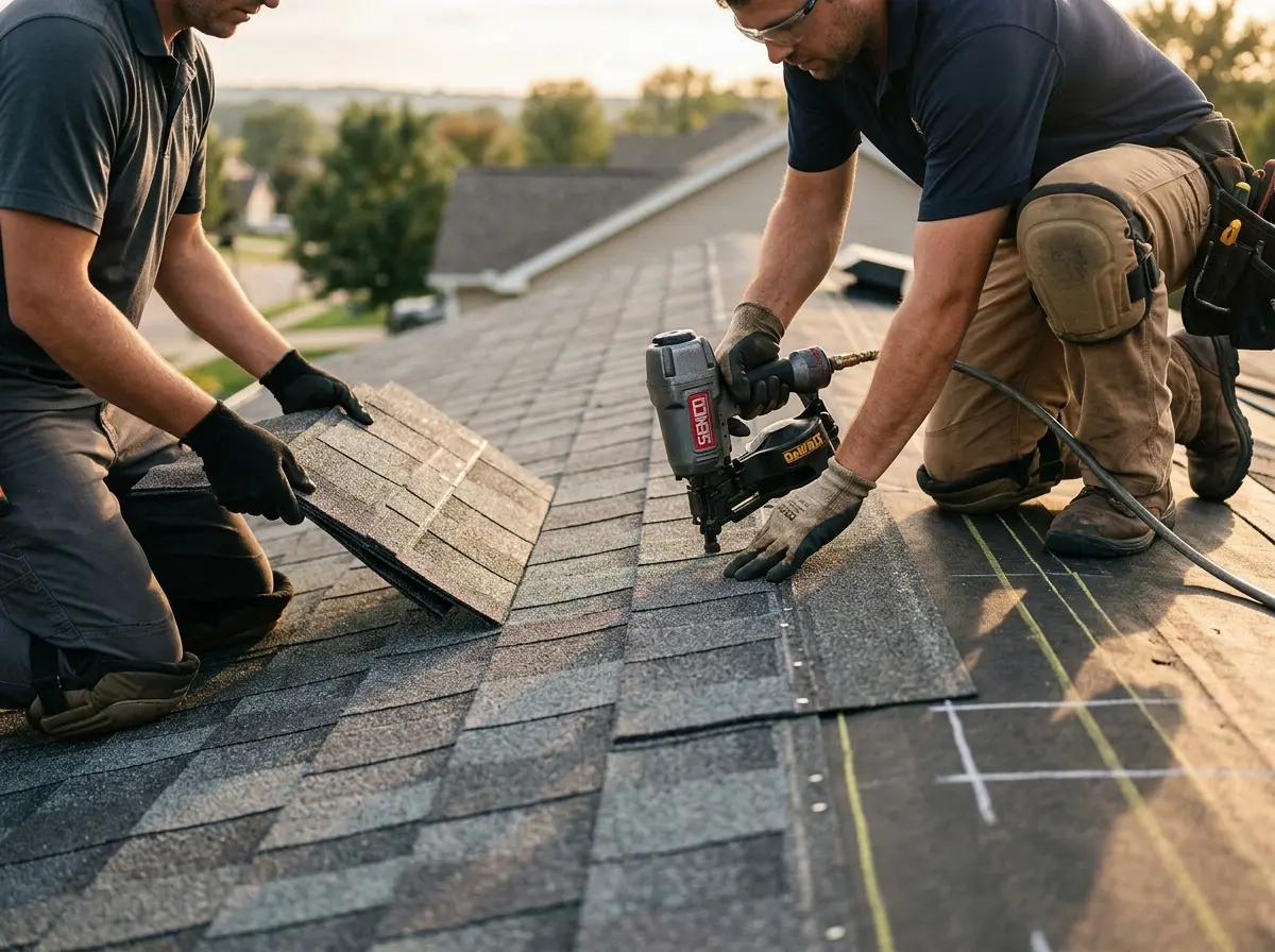 Professional roofer working on a residential roof in Kilgore